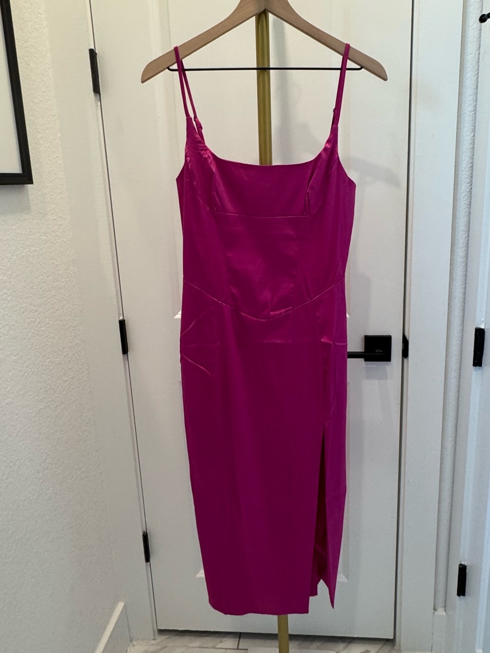 Satin Fuchsia Midi Slip Dress with Side Slit